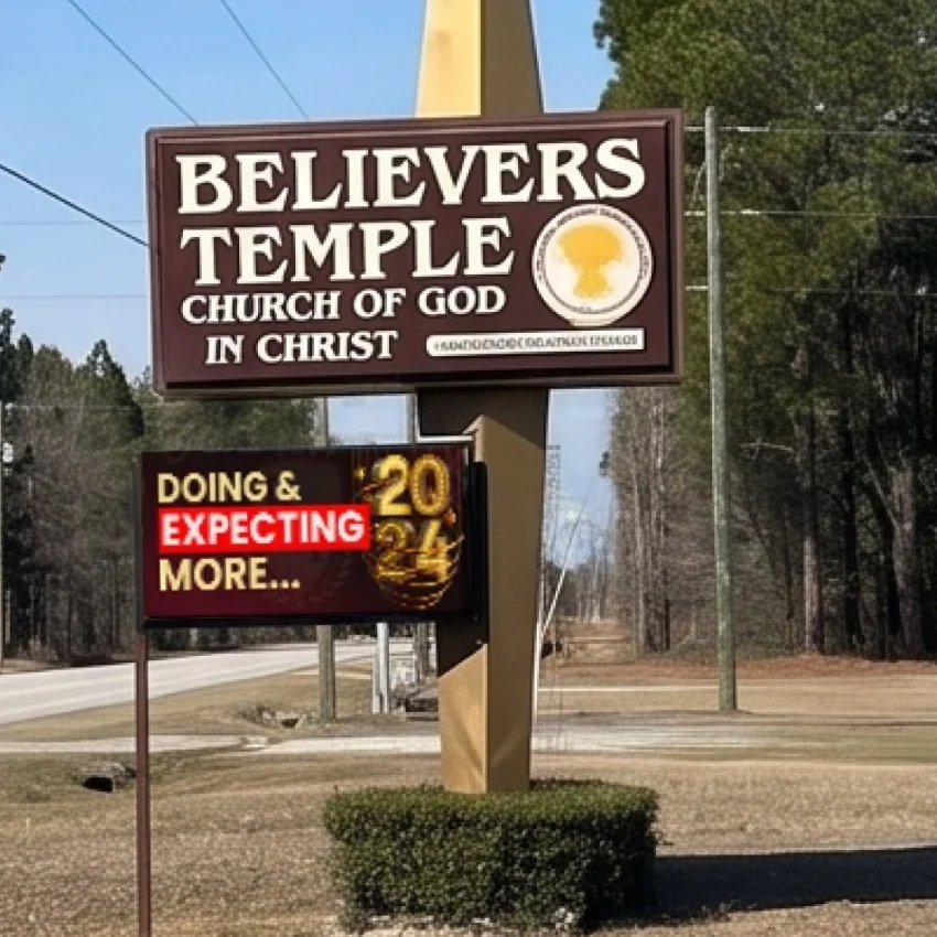 The same sign with a full-color LED display running a current message