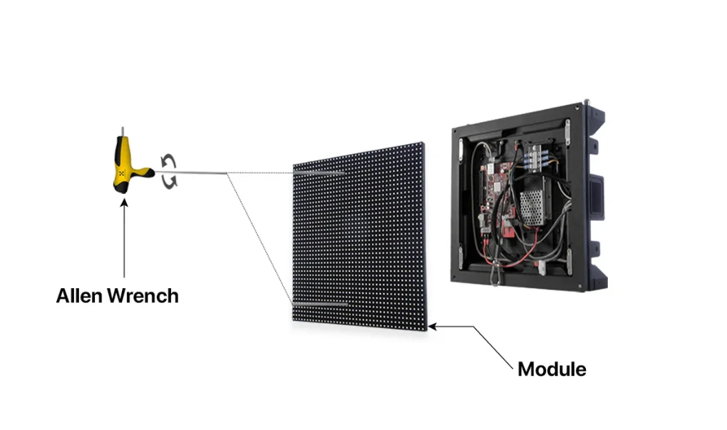 Exploded view of an LED module coming off its cabinet, released with a single Allen wrench
